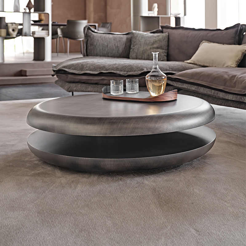 Italian Luxury Double-Layer Rotating Coffee Table, Stainless Steel Round Table with Swivel Design, Modern Minimalist Living Room Furniture in Bronze Finish