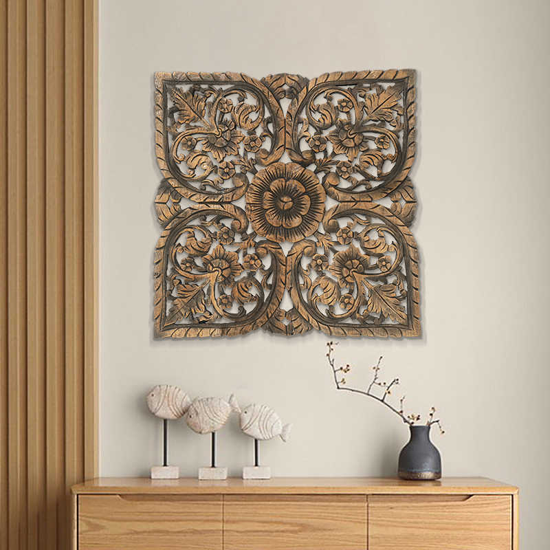 Clearance Thai Teak Lotus Carved Wall Panel, Southeast Asian Hotel & Spa Decor Relief Art