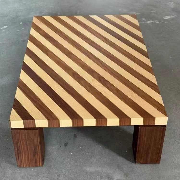 Mid-Century Modern Striped Solid Wood Coffee Table – Artistic Retro Style Table for Living Room