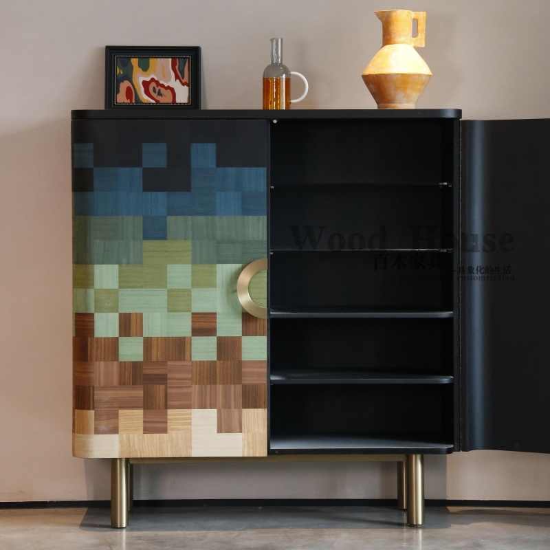 Vintage Mosaic Designer Cabinet – Retro Painted Entryway Buffet, Artistic Storage Sideboard for Modern & High-End Homes
