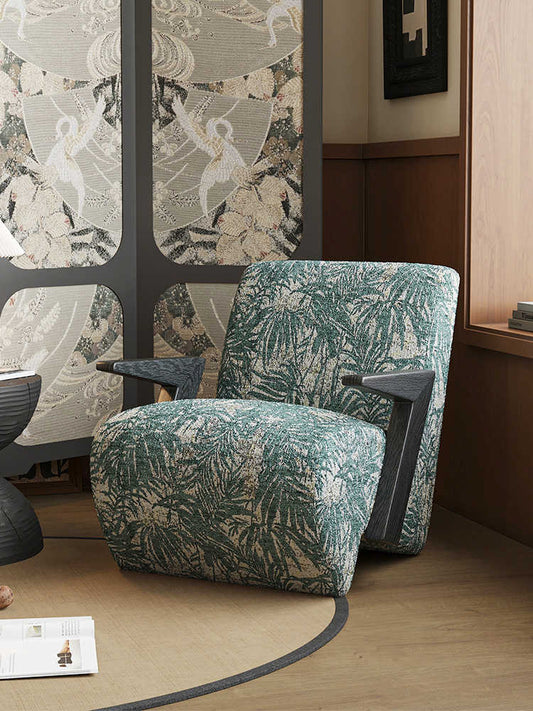 Modern Vintage Relaxed Armchair, Solid Wood Framed Creative Single Sofa with Botanical Shadow Pattern Fabric, Designer Reading and Lounge Chair for Living Room, Club, or Hotel Suite (Black Ash)