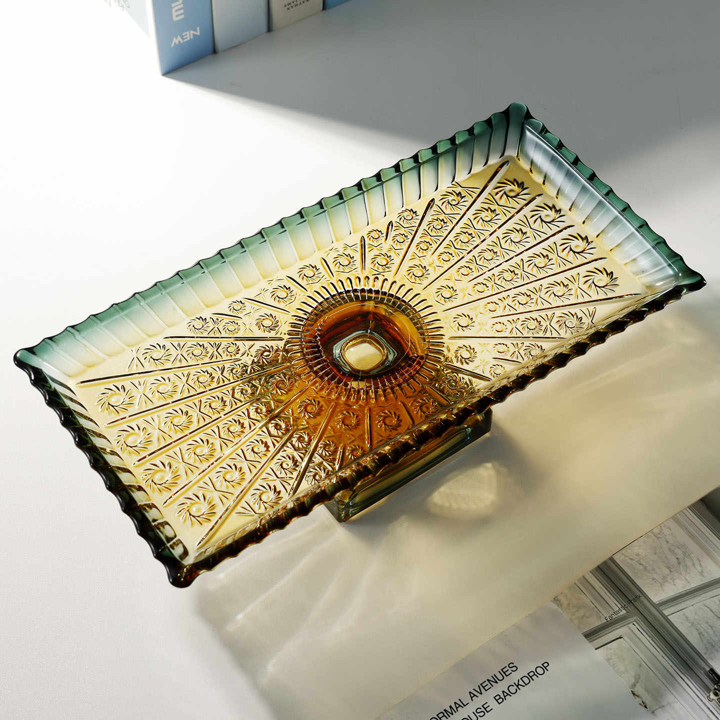 Luxury Emerald Gold Glass Pedestal Serving Tray, Rectangular Crystal Cake Plate with Ornate Sunburst Pattern for Desserts Snacks, High-End Footed Platter