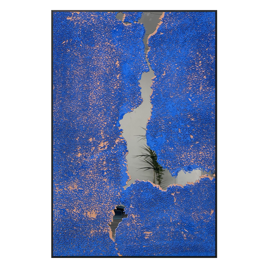 Modern Abstract Klein Blue Textured Wall Art, Mirror Stainless Steel Hand-Painted Relief, Black Aluminum Frame, Large Entryway & Sofa Background Decorative Painting