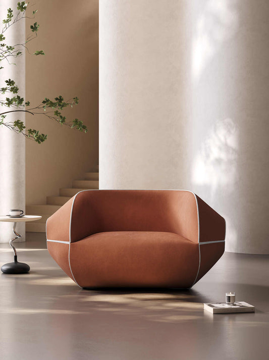 Italian Contemporary Arc Sofa – Curved Terracotta Design for Luxury Villa Living, Designer Statement Seating with White Contrast Piping