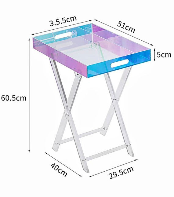 Iridescent Acrylic Folding Tray Table – Modern Multifunctional Bedside Coffee Side Table, Space-Saving Compact Art Deco End Table for Bedroom Living Room, Portable Storage Shelf