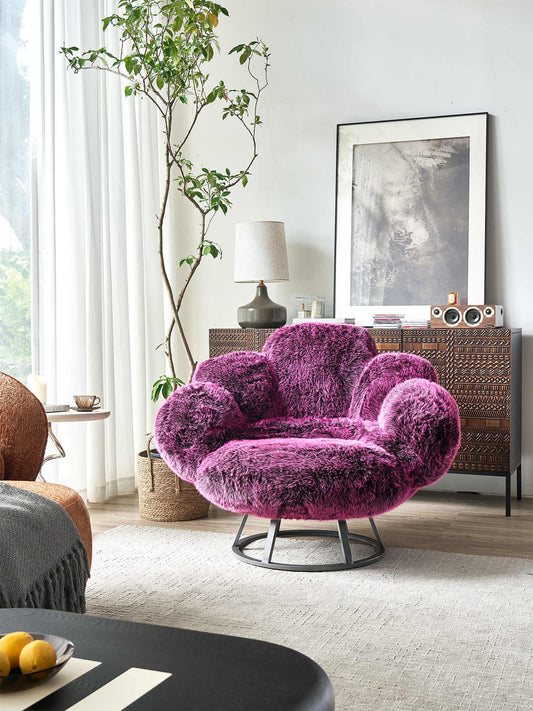 Designer Bear Paw Lounge Chair – Luxurious Purple Faux Fur Statement Seating with Contemporary Swivel Base, Nordic Luxury Accent Chair