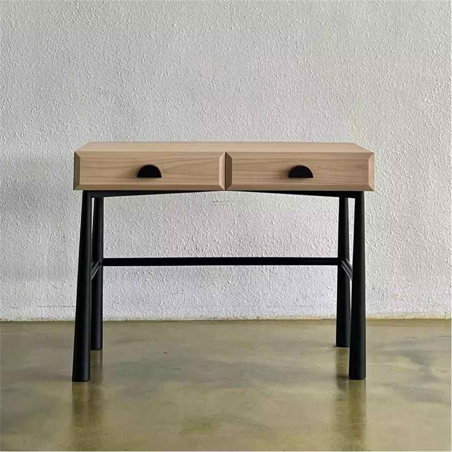 Retro Solid Wood Designer Vanity Desk, Minimalist Vintage Dressing Table with Double Drawer, Bedroom Makeup Console