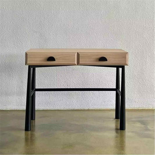 Retro Solid Wood Designer Vanity Desk, Minimalist Vintage Dressing Table with Double Drawer, Bedroom Makeup Console