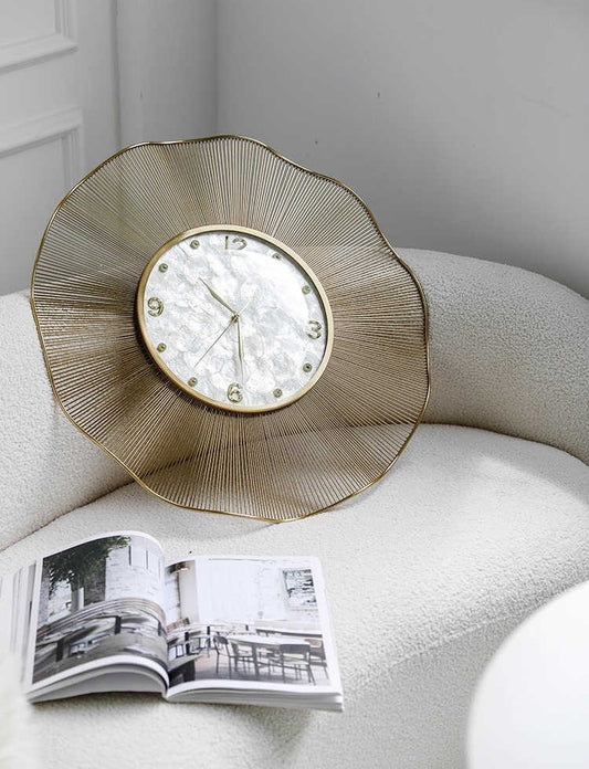 Modern Luxury Wall Clock, Gold Radiant Silent Round Clock for Living Room, Entryway & Home Office – Designer Quiet Timepiece
