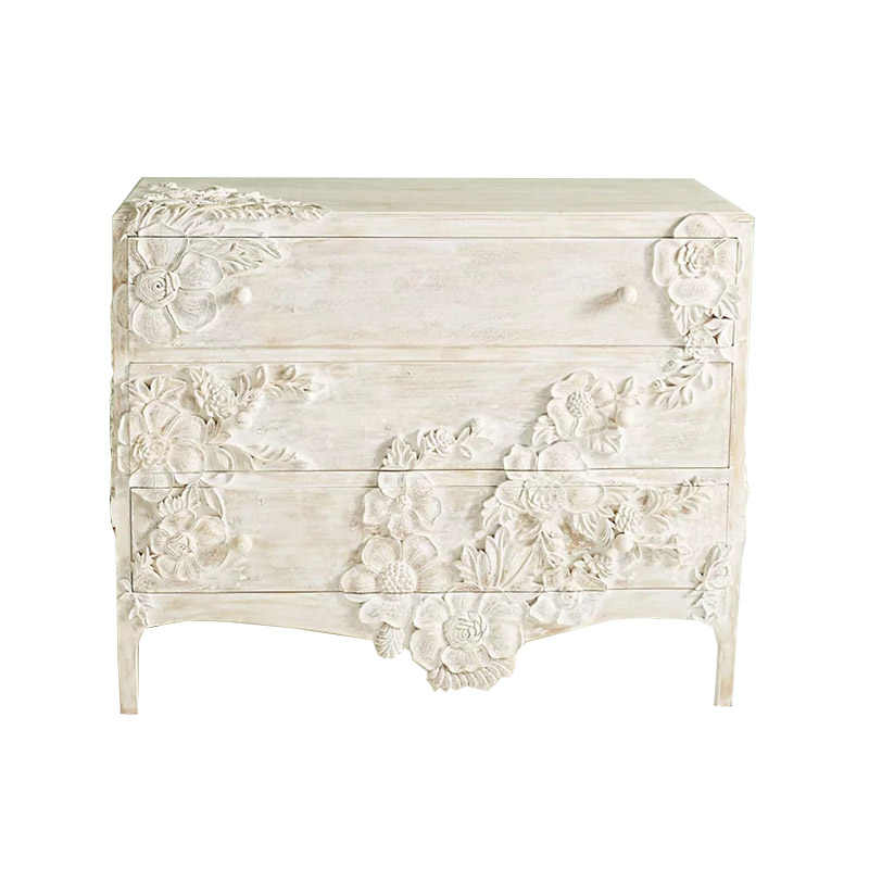 Carved White Solid Wood Dresser – 3-Drawer Floral Chest, Luxury Entryway Cabinet for Modern Vintage Foyer