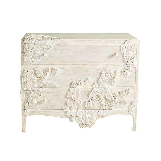 Carved White Solid Wood Dresser – 3-Drawer Floral Chest, Luxury Entryway Cabinet for Modern Vintage Foyer