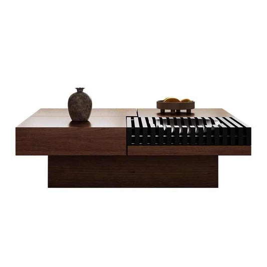 Mid-Century Walnut Coffee Table with Black Slat Detail – Modern Design Square Low Table, Contemporary Living Room Centerpiece with Storage Element