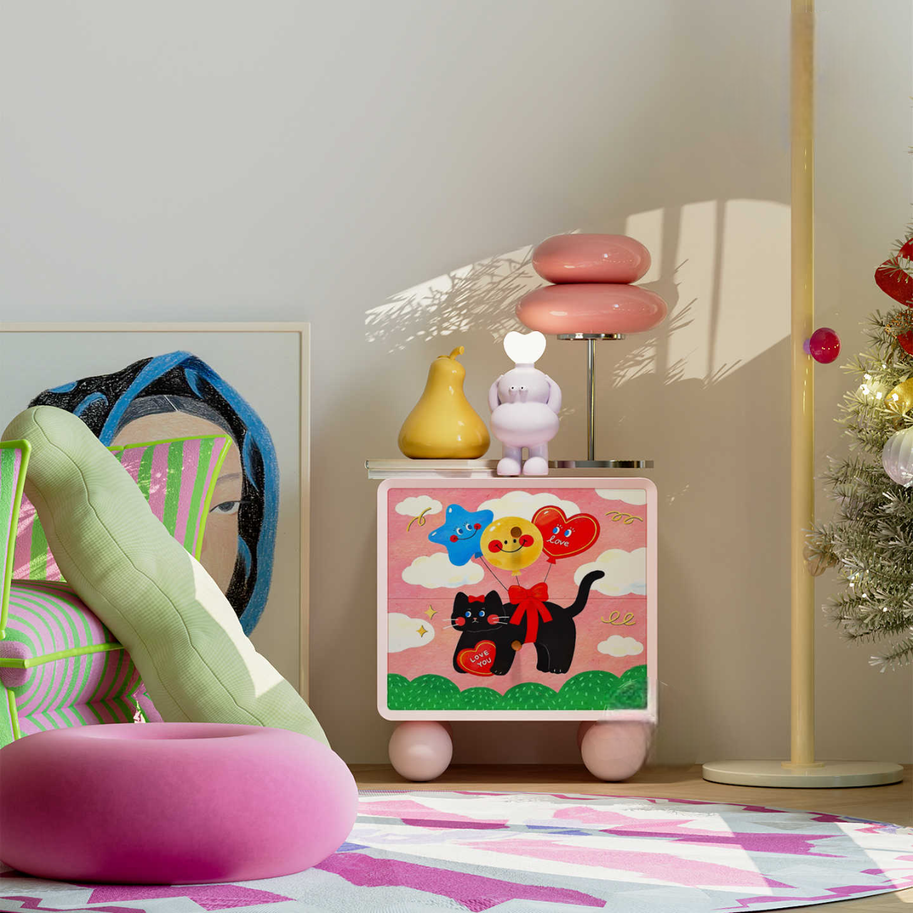 Cartoon Kids Nightstand Pink, Dopamine-Inspired Bedside Storage Cabinet with Drawers, Solid Wood Accent for Bedroom & Nursery