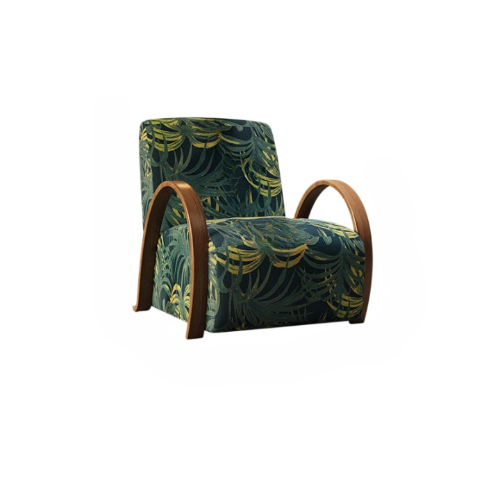 Tropical Leaf Accent Chair with Wood Grain Finish Metal Arms, Green Upholstered Lounge Chair for Living Room, Bedroom, Hotel Lobby, Reception Area, Reading Corner and Resort Style Home Decor