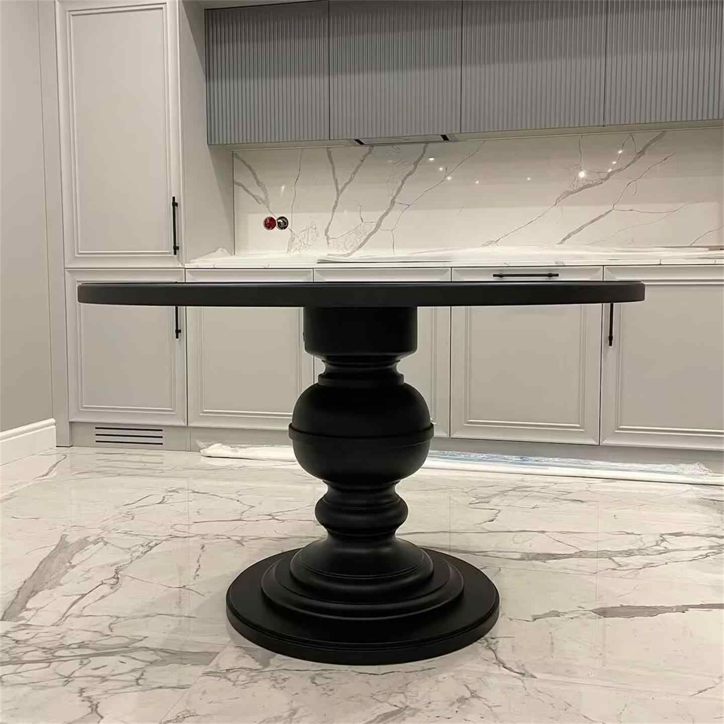 Solid Wood Round Dining Table, Designer Vintage Black Pedestal Table, Small Luxury Apartment or Living Room