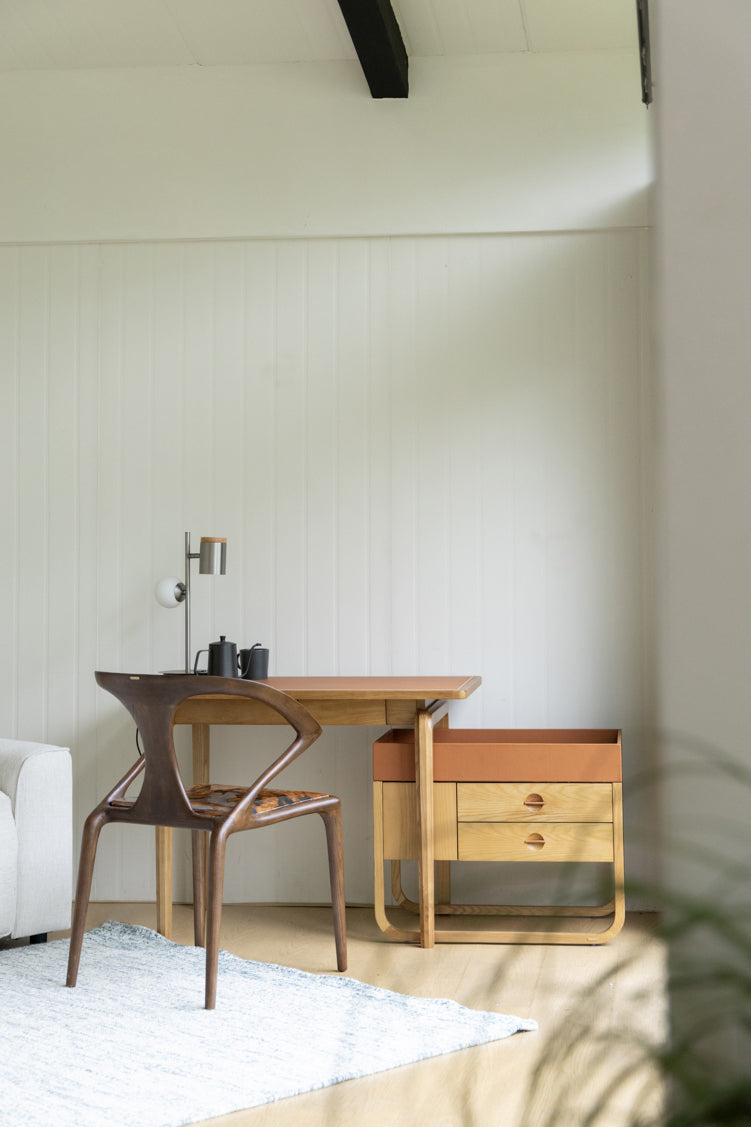 Luxury Two-Tone Nightstand with Leather Top, Ash Wood Console Cabinet with Curved Bentwood Base, Modern Designer Bedside Table with Drawers