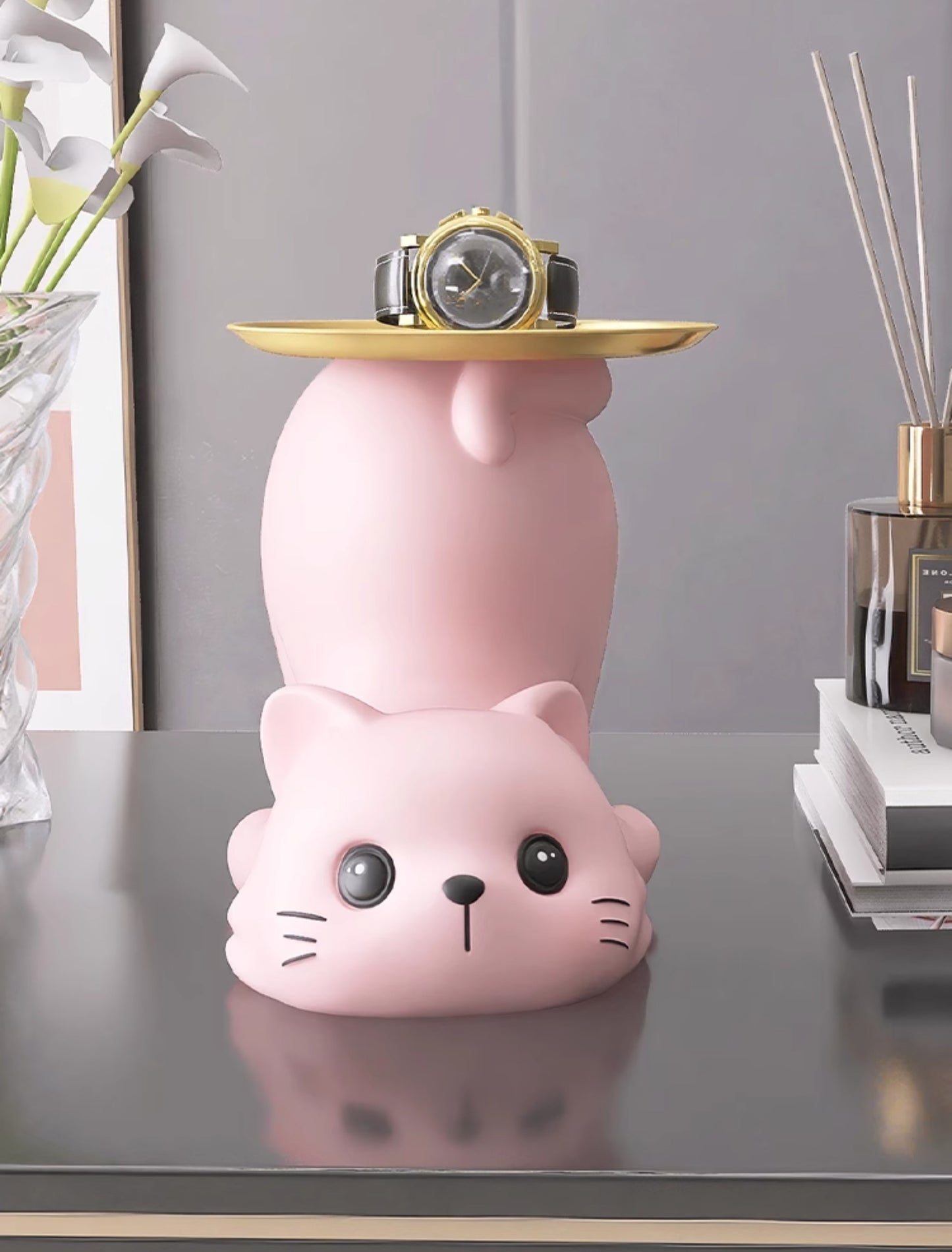 Cream Style Pink Cat Tray Decoration, Entryway Key Holder and Organizer, Cute Resin Home Decor for Living Room, Coffee Table, Shoe Cabinet, Housewarming Gift