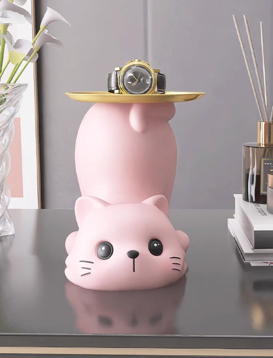 Cream Style Pink Cat Tray Decoration, Entryway Key Holder and Organizer, Cute Resin Home Decor for Living Room, Coffee Table, Shoe Cabinet, Housewarming Gift