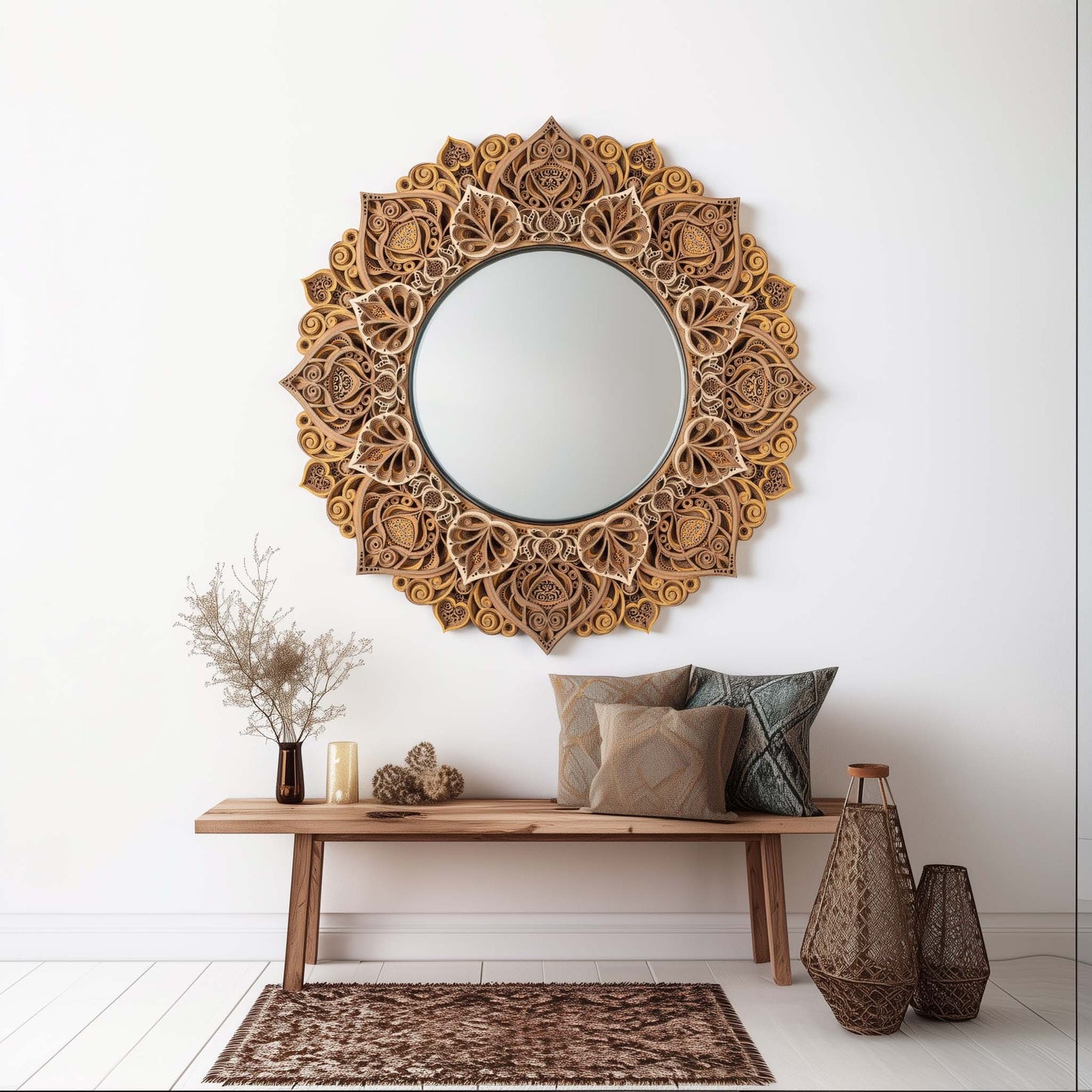 Mandala Mirror Wall Art – 3D Bodhi Flower Decorative Wooden Round Mirror, Boho Modern Living Room, Entryway, Bedroom
