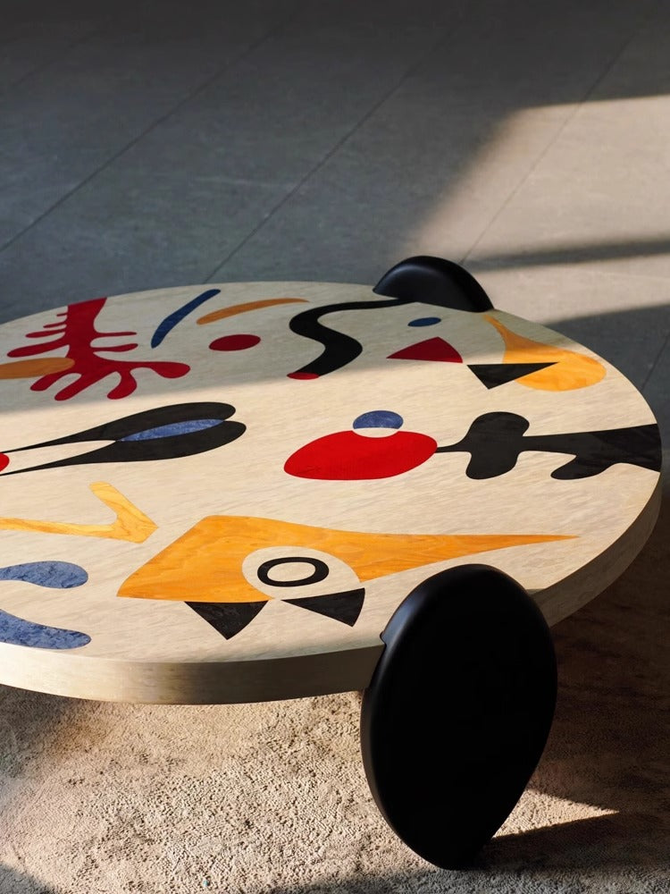 Hand-Painted Dutch Art Coffee Table, French Designer Round Pine Wood Table with Abstract Colorful Artwork, Graffiti Style Living Room Furniture