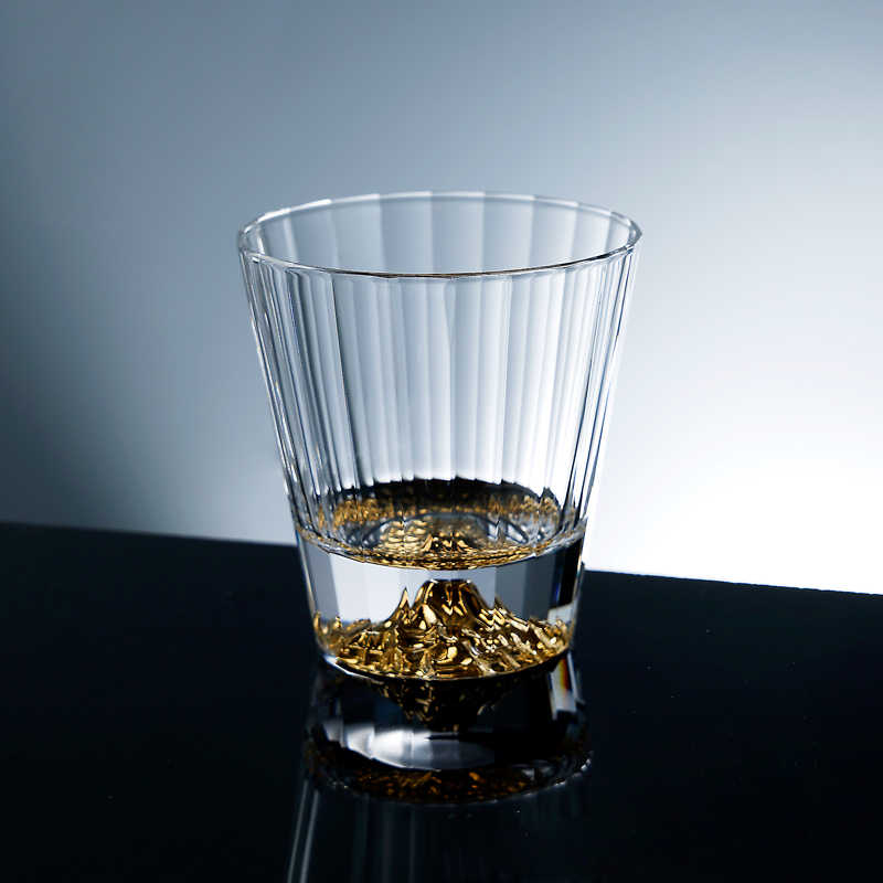 Gold Mountain Crystal Whiskey Glass, Luxury Striped Wide-Rim Spirits Tumbler for Home Bar, Premium Beer & Cocktail Glass with Gift Box