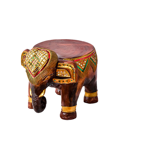 Hand-Carved Solid Wood Elephant Stool, Brown and Gold