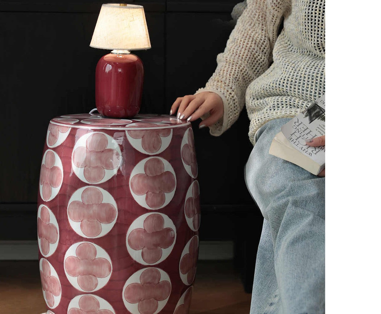 Ceramic Garden Stool with Hand-Painted Four-Leaf Clover, Red Decorative Drum Stool for Living Room, Patio & Side Table Use