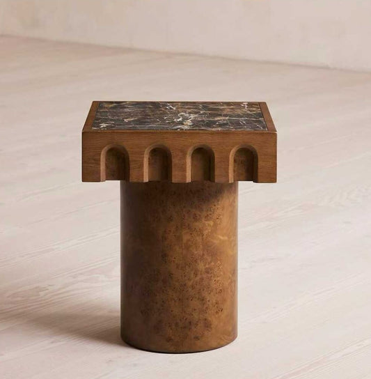 Vintage Solid Wood Burl Marble Side Table, Retro Accent End Table, Designer Small Coffee Table for Hotel, B&B, Living Room
