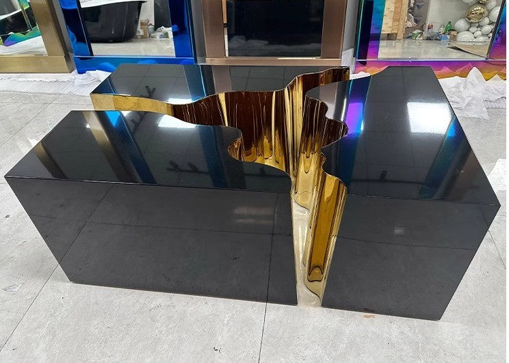Modern Black and Gold Rectangular Coffee Table – Designer Crack Accent Luxury Metal Center Table for Living Room, Villa, or Office