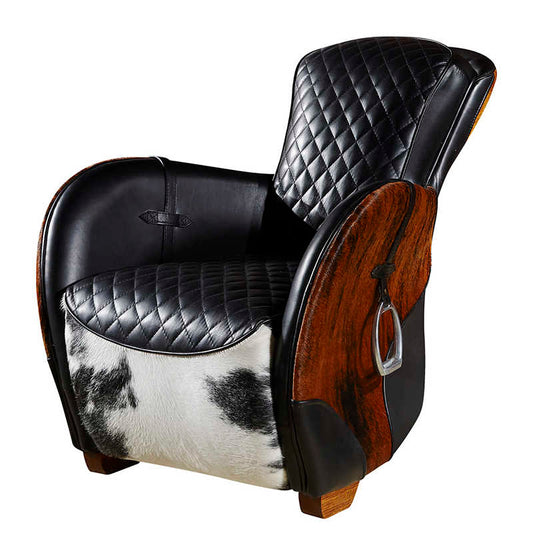 Italian Luxury Saddle Chair – Premium Waxed Leather & Cowhide Accent Chair with Equestrian-Inspired Design, Vintage European Living Room Furniture