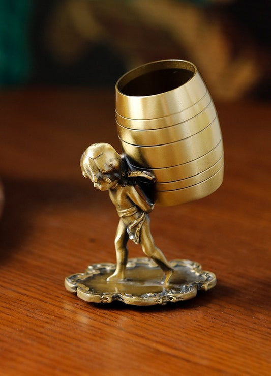 Brass Angel Knife Fork Spoon Holder, Vintage Luxury Tabletop Utensil Storage Bucket, Retro Figurine Desk Decor Organizer