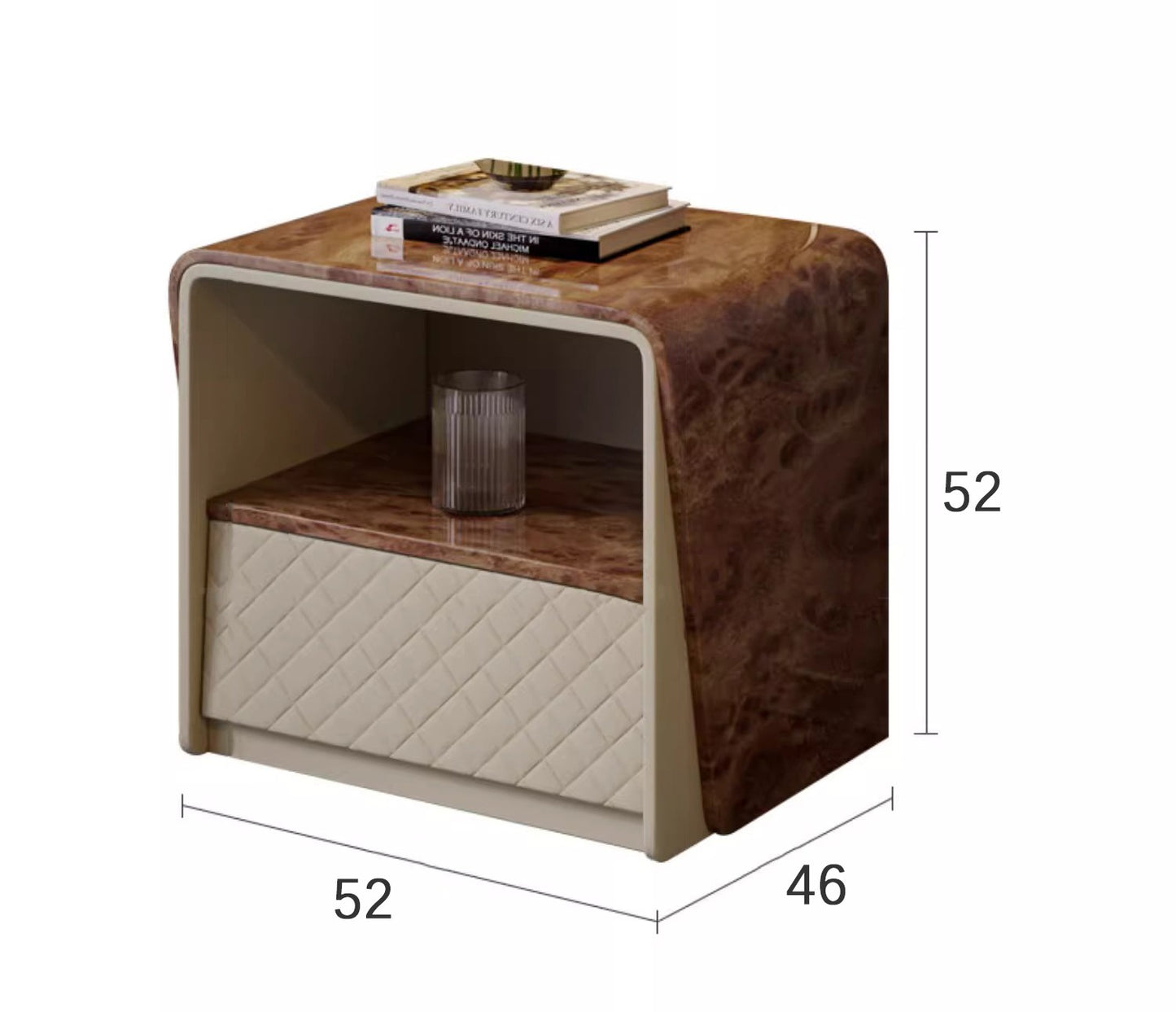 Italian Luxury Modern Nightstand – Designer Burl Wood Veneer with Quilted Leather Drawer, Contemporary Bedroom Storage Furniture
