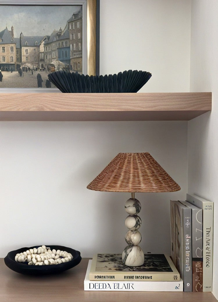 Luxury Marble Table Lamp, Vintage Woven Rattan Shade, High-End Modern Bedside and Desk Accent Light for Living Room, Bedroom, Study