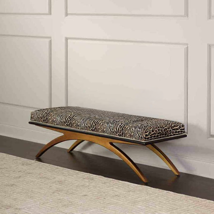 Luxury Leopard Print Upholstered Bench – High-End Gold Solid Wood Bedroom/Entryway Shoe Bench