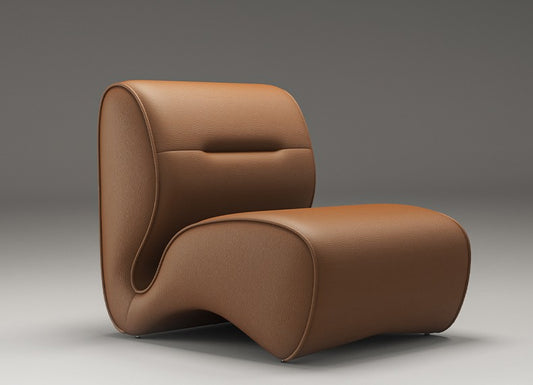 Luxury Sculptural Leather Accent Chair – Modern Curved Single Seat Armchair for Living Room, Designer Tan Brown Upholstered Lounge Chair
