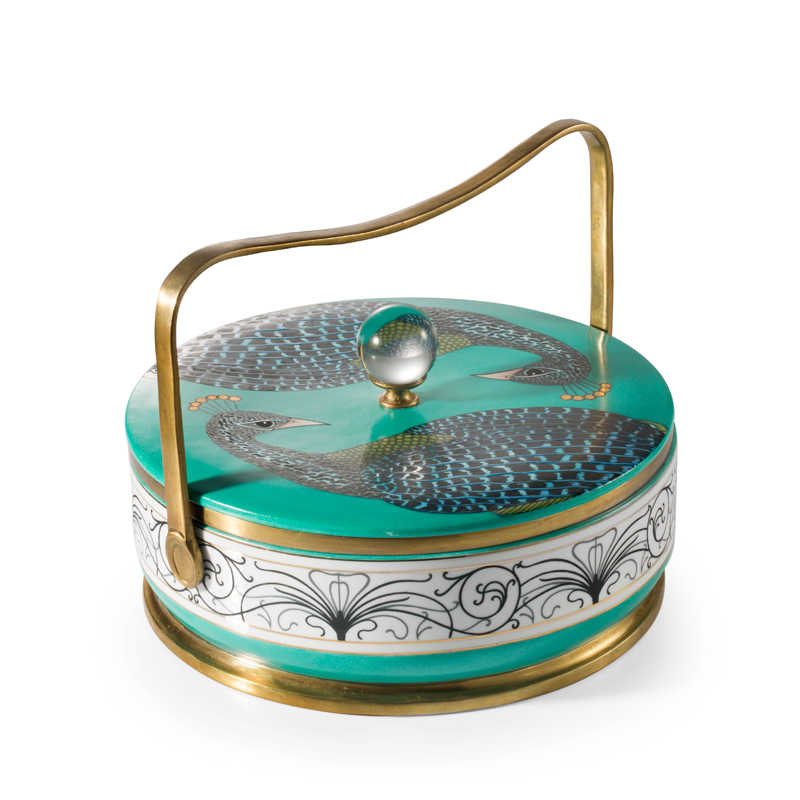 Peacock Porcelain Storage Box with Brass Handle – Decorative Lidded Trinket Organizer for Tabletop and Home Accents