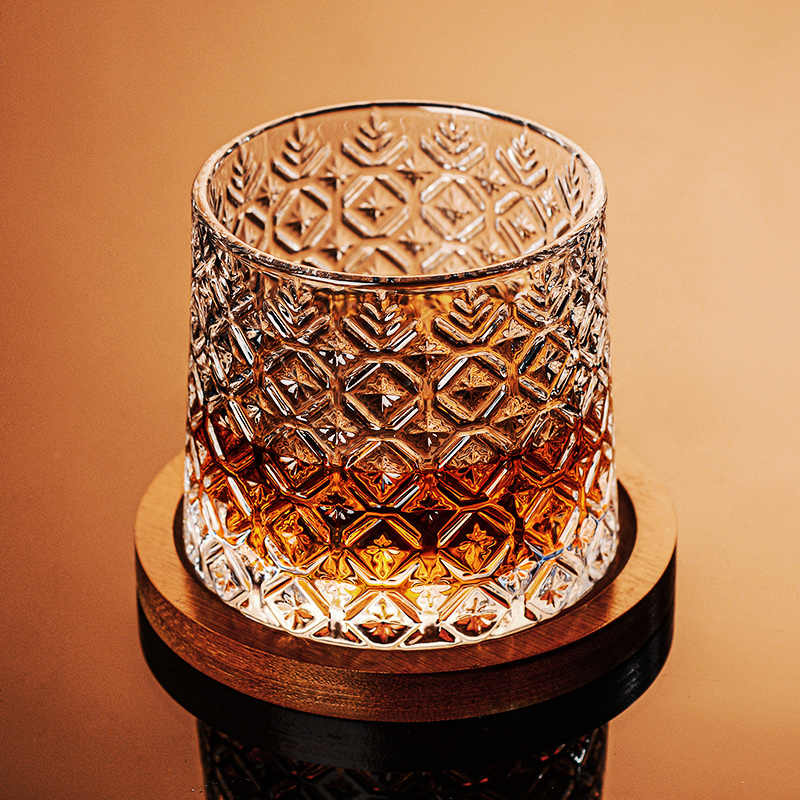 Crystal Whiskey Glass Set 280ml – Mixed 4 Designs: Diamond, Glacier, Stripe, Ice Flower, High-End Rotating Decompression Tumblers with Wood Coasters