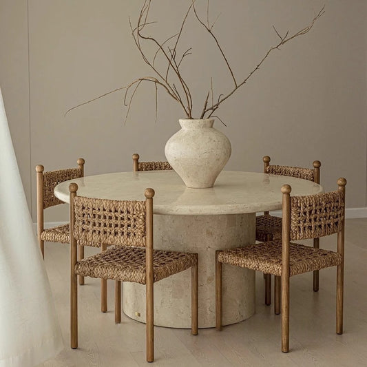 Vintage Solid Wood Woven Dining Chair, Mid-Century Armless Rattan Seat – Light Coffee Color