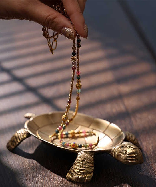 Handcrafted Brass Turtle Jewelry Tray, Indian Imported Gold Storage Dish for Trinkets, Decorative Bowl for Living Room & Dressing Table