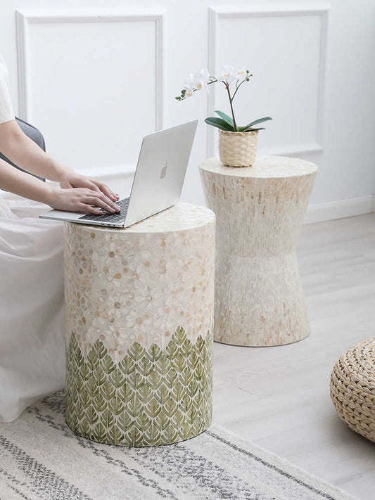 Modern Feather Leaf Stool, Designer Cylinder Side Table for Living Room, Balcony & Entryway – Green Mosaic Stool