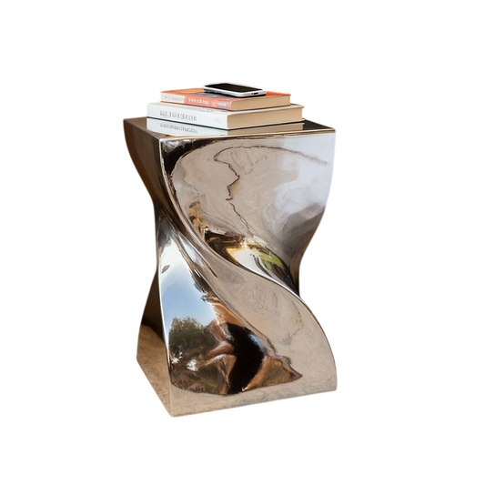 Silver Chrome Twist Side Table, Sculptural Fiberglass Accent Table, Modern Hourglass Bedside Drink Table for Bedroom, Living Room, Hotel, Lobby