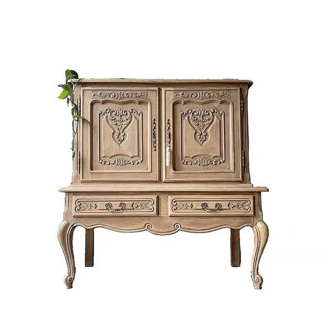 French Provincial Hand-Carved Hutch Cabinet with Curved Legs, Solid Wood Two-Door China Cabinet with Display Shelving, Custom Country Style Furniture