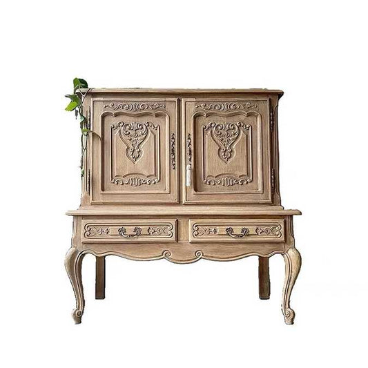 French Provincial Hand-Carved Hutch Cabinet with Curved Legs, Solid Wood Two-Door China Cabinet with Display Shelving, Custom Country Style Furniture