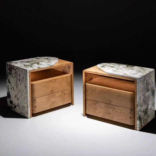 Minimalist Nightstand – Designer Asymmetrical Marble & Solid Wood, Modern Luxury Bedside 2-Drawer Cabinet