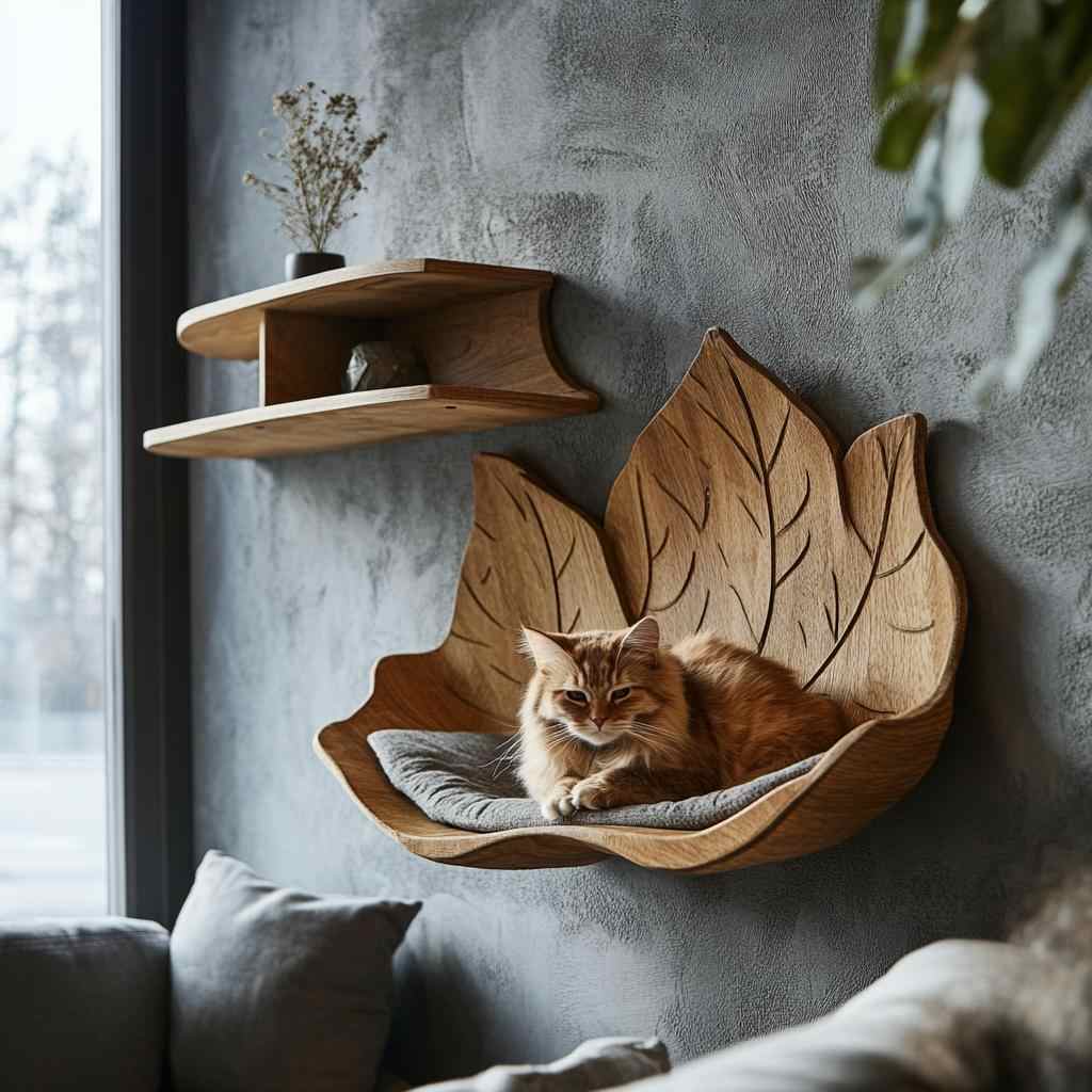 Autumn Leaf Wall-Mounted Cat House, Premium Wooden Leaf-Shaped Wall Cat Bed with Cushion, Eco-Friendly Designer Pet Furniture
