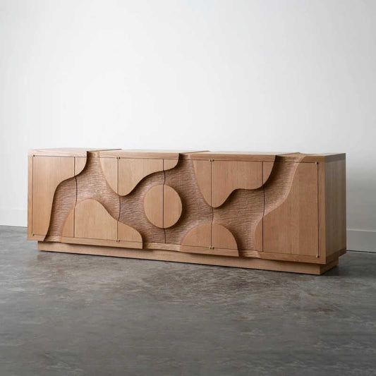 Luxury Sculpted Solid Wood Carved Sideboard, Designer Art Buffet Cabinet with 6 Doors, High-End Retro Entryway Storage