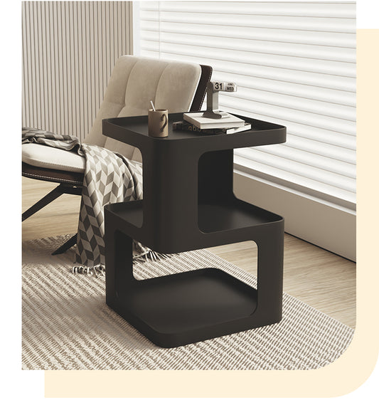 Modern S-Shaped Side Table with Triple Storage Levels, Contemporary Black Nightstand with Geometric Design, Minimalist Living Room Accent Table