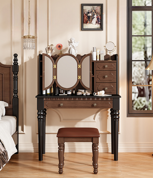 Vintage Solid Wood Vanity Table, Integrated Dressing Table & Mirror for Modern Small Bedrooms