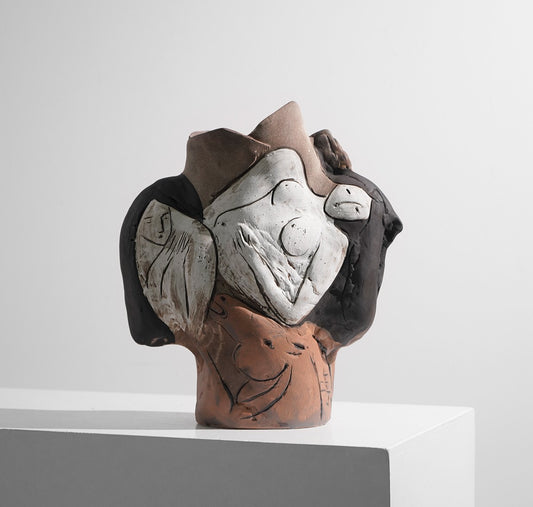 Modern Handcrafted Ceramic Vase, Abstract Art Floral Sculpture Style, Artistic Nude Relief for Entryway, Study, or Hotel
