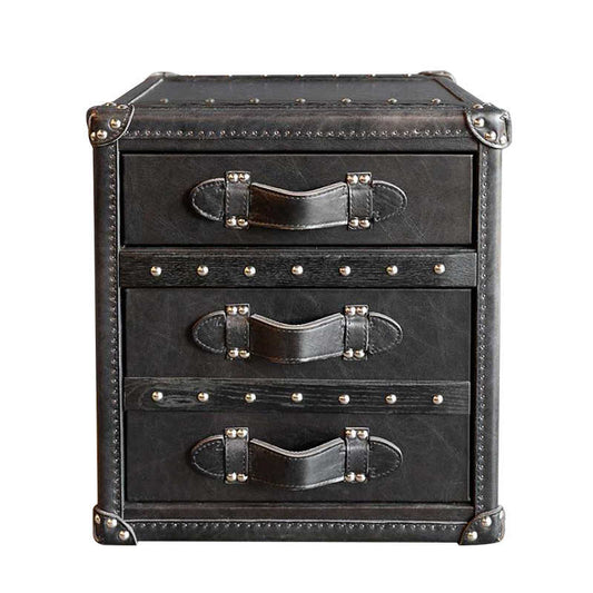 Vintage Steamer Trunk Side Table, Genuine Oil-Wax Cowhide Leather Storage Chest with Metal Studs, American Country Style 3-Drawer Nightstand
